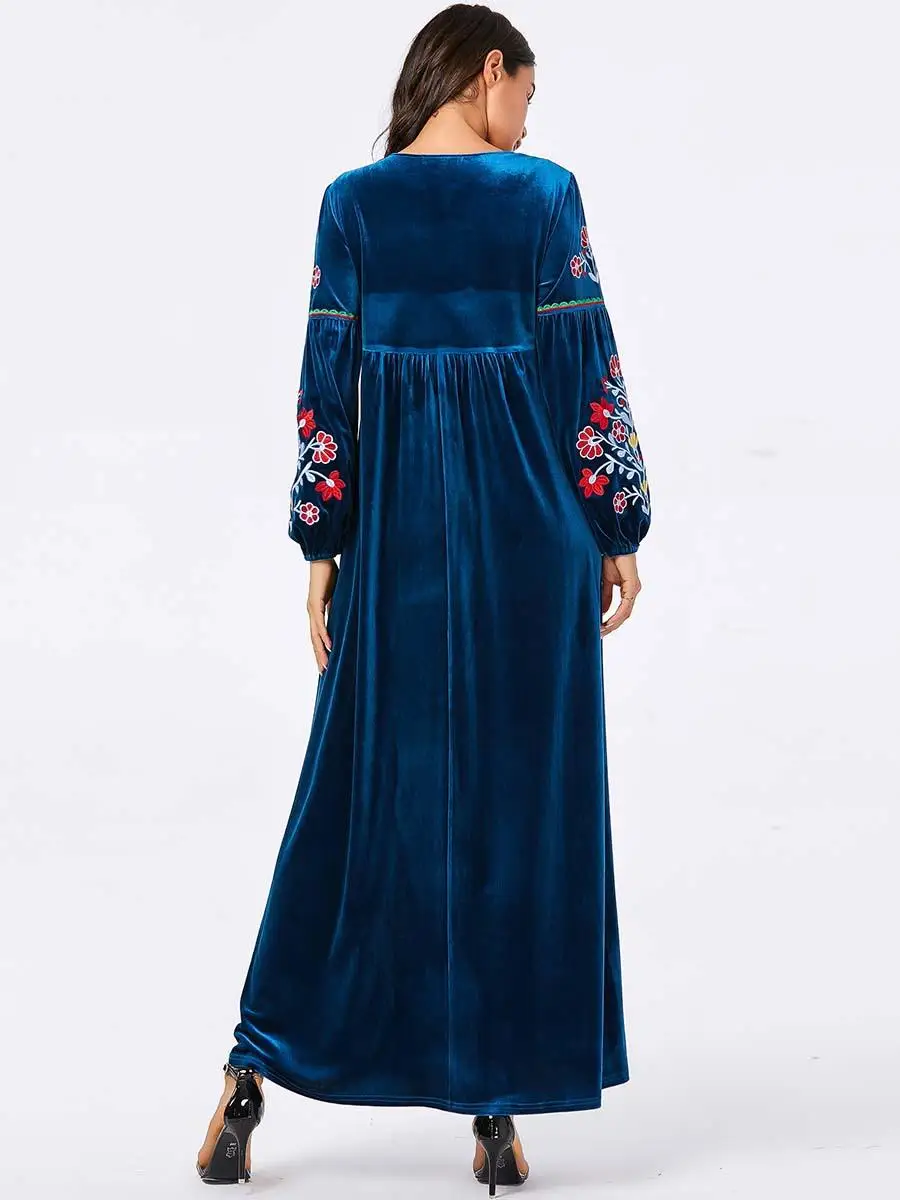 Мусульманское abaya женское бархатное платье макси с длинным рукавом вышивка кафтан jilbaw свободная одежда Дубай плюс размер Осенняя мода
