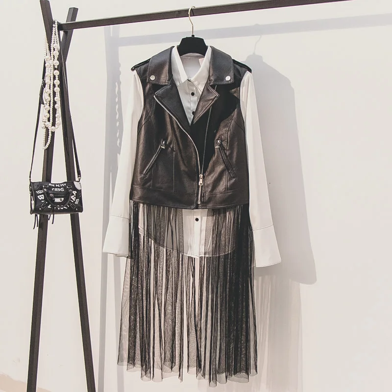 

Autumn Leather Vest Womens New Korean Fashion Pu Spliced Mesh Long Slim Sleeveless Motorcycle Leather Vest Coat Jackets Student