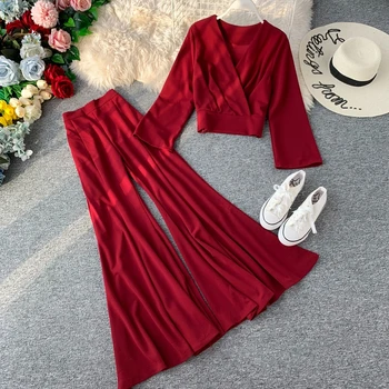 

Women suit two-piece female 2019 spring new large size Long sleeve shirt + High waist Flares Pants solid color wild cc1630