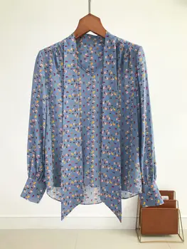 

New Print Women OL Blouse Long Sleeve Ribbon Bow Tie Collar Lady Office Wear Business Shirt And Top 2020 New Fashion