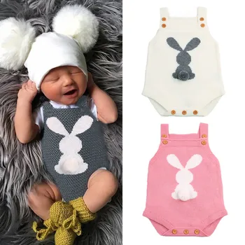 

Cute Newborn Baby Boy Girls Bunny Knitting Wool Pom Pom Romper Jumpsuit Easter Outfits Set Sleeveless baby boy girls clothes