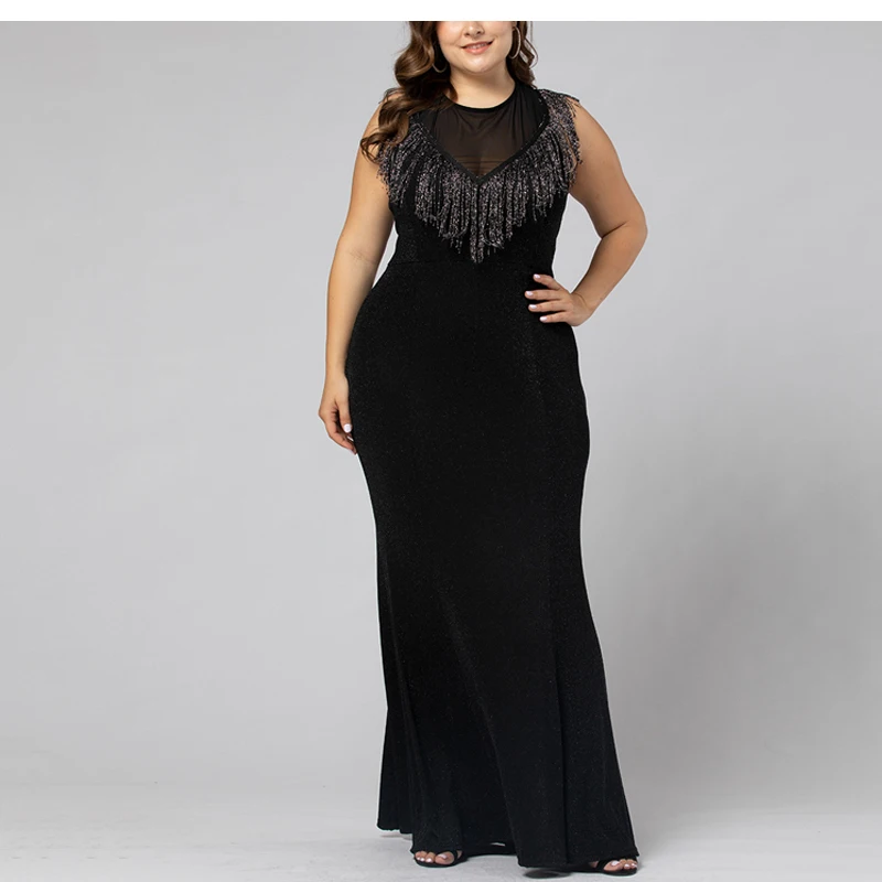 MD African Women Black Dress Plus Size Tassel Maxi Dresses Wedding Evening Skinny Dress Fashion Female Clothes