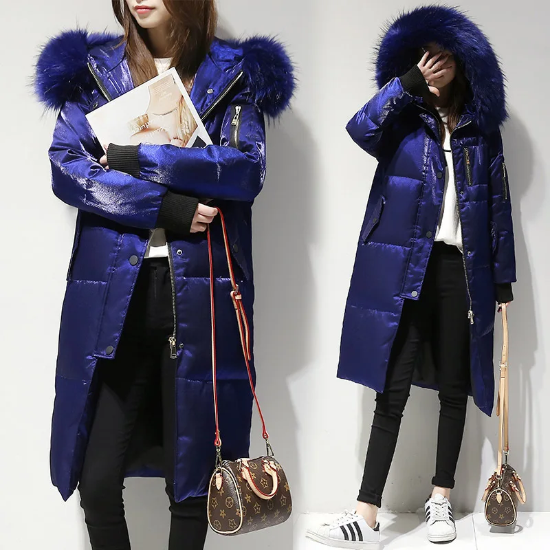 

women down coats 2019 autumn winter top brands royal blue hooded fur Collar long thicken Jackets Female Wear Parkas Plus Size
