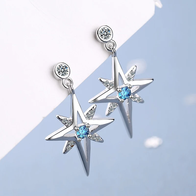 New Fashion Star Drop Earrings For Women Blue Cubic Zircon Flash Geometric Dangle Earring Stud Piercing Jewelry Party Accessory