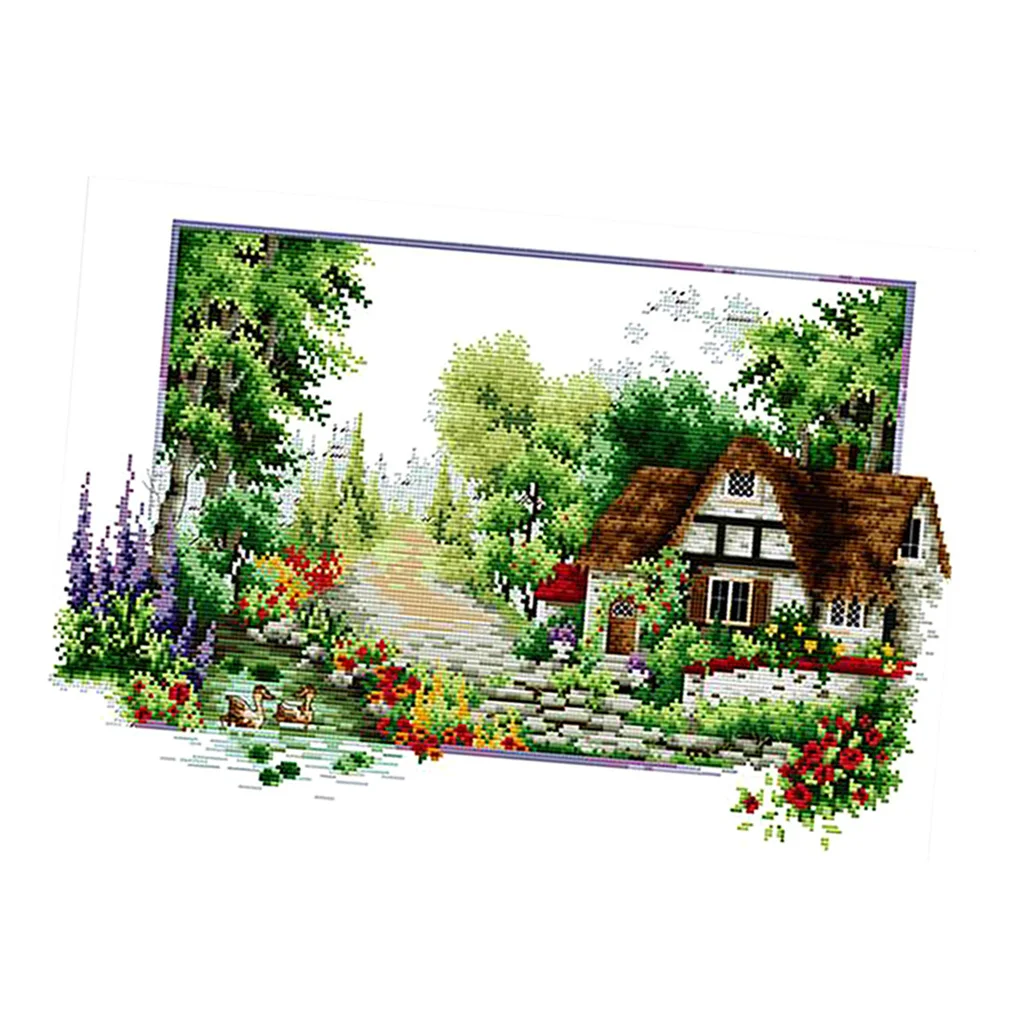 Full Range of Embroidery Starter Kits Stamped Cross Stitch Kits Beginners for DIY Embroidery (Garden House Pattern Designs)