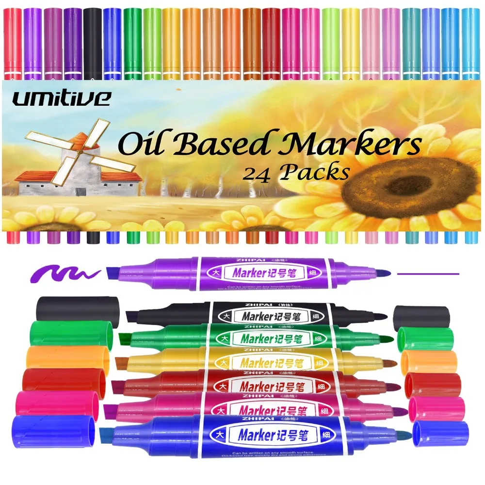 

Umitive 24 Colors Oil Based Permanent Marker Pens Thick Chisel And Fine Tips For Surfaces From Paper Glass Plastic To Wood