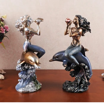 

Simple Art Resin Antique Copper Color Mermaid Decoration Retro Character Dolphin Craft Home Decoration Office Wine Cabinet Place