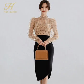 

H Han Queen Women Sexy OL Work 2 Pieces Set Fashion Dots Blouses & Split Sheath Pencil Bodycon Skirt Korean Casual Skirt Suits