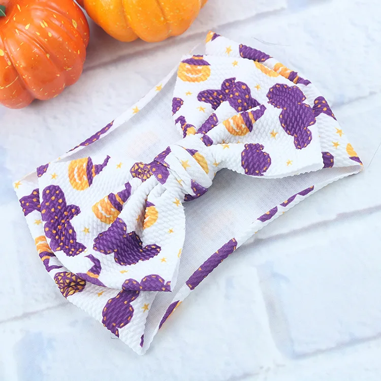 New Halloween Print Turban 7'' Big Hair Bows Headband For Girls Head Wraps Textured Fabric Elastic DIY Kids Accessories |