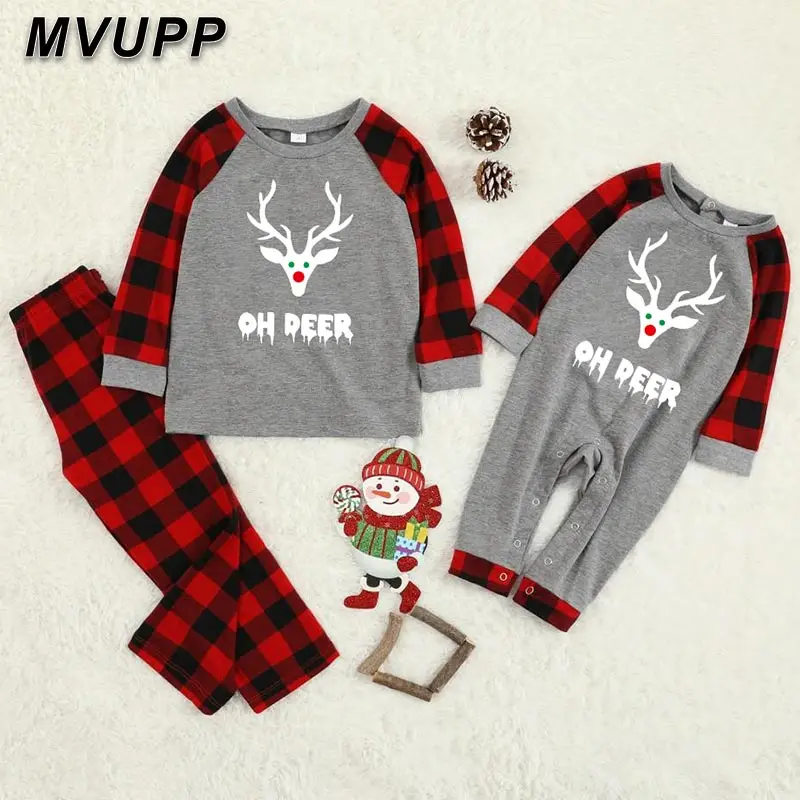 oh deer family look matching christmas outfits for daddy mommy and kids print animal plaid sleepwear adult child romper new year
