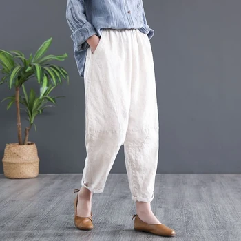 

New Arrival Summer Arts Style Women Loose Cotton Linen Ankle-length Pants Elastic Waist Solid Casual Harem Pants Plus Size M72