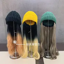 

202011-YY winter warm knitting hat patchwork removable Gradients False hair leisure lady Skullies Beanies cap women cool hat