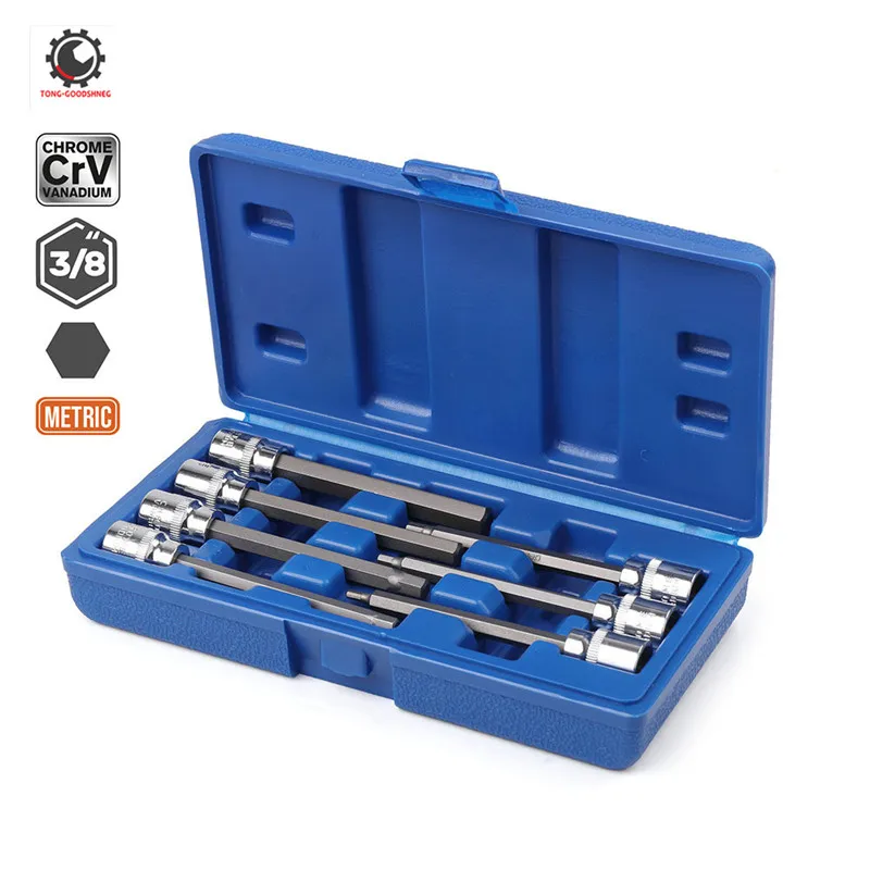 

7pc 3/8 110mm Extra Long Socket Set Socket Adatper for Torque Socket Wrench Hex Allen Key Screwdriver Bit Set 3-10mm Household