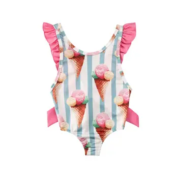 

Summer Toddler Infant Baby Girsl swimsuit Swimwear Beachwear One-piece Ruffles Pool Bathing suit Swimming Ice cream Cute 1-4Y