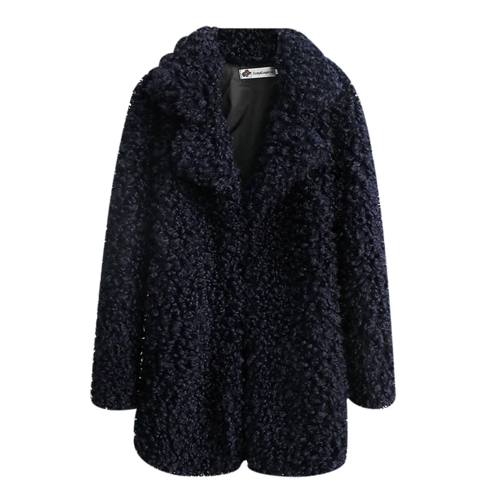 Пальто из искусственного меха, женская теплая верхняя одежда, плюшевая свободная Меховая куртка с отложным воротником, зимнее пальто, Свободный кардиган, Тренч, однотонная женская куртка - Цвет: Dark Blue