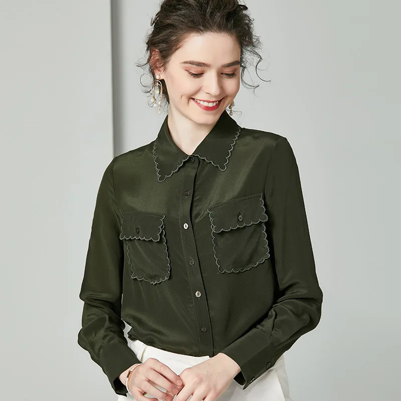 

2020 Spring Women Real Silk 100% Army Green Color Shirts with 2 Pockets Casual Long Sleeved Tops and Blouses