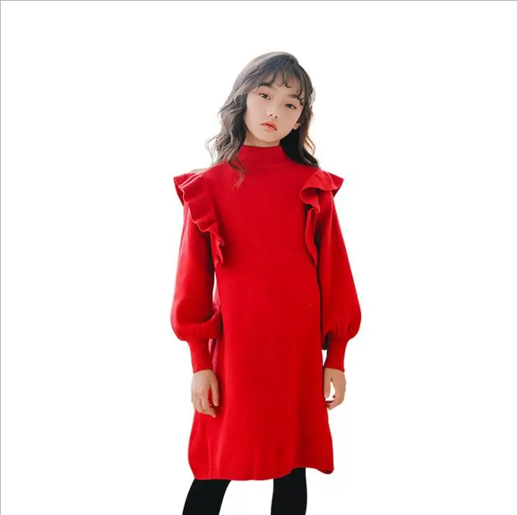 Платье-свитер для девочек; зимние плотные Хлопковые вязаные платья; модная повседневная одежда для девочек-подростков; Рождественская одежда для больших девочек