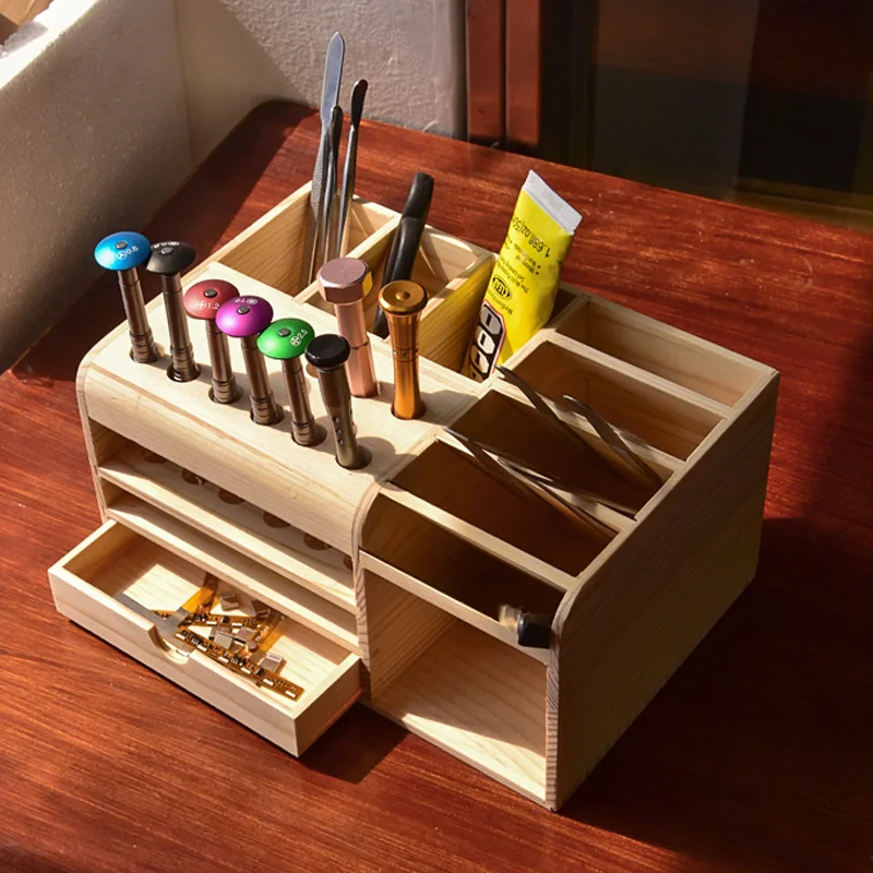 Goedkoop Diyfix Multifunctionele Houten Opbergdoos Mobiele Telefoon Reparatie Desktop Storage Schroevendraaier Tweezer Magnetische Houder Onderdelen Doos Gereedschapskist