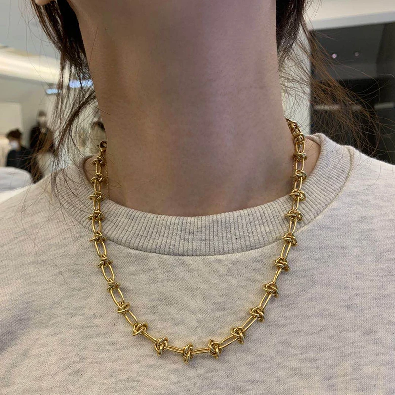 Peri'sBox Chunky Knotted Chain Necklaces Titanium Steel Twisted Link Choker Punk Hip Hop Trendy Necklaces For Women Jewelry 2021