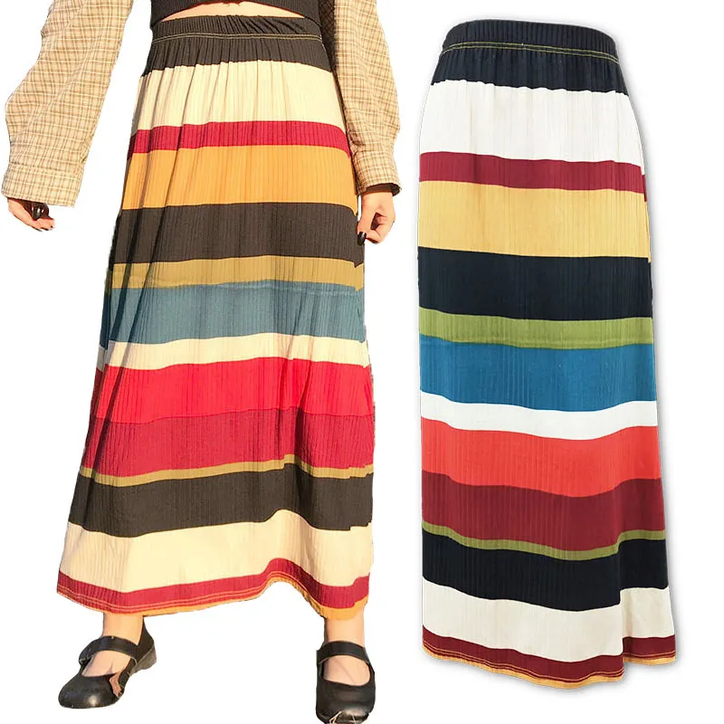 Women Striped Long Skirt Print Knit A-Line Skirt Casual Skirt Women Skirts LS002