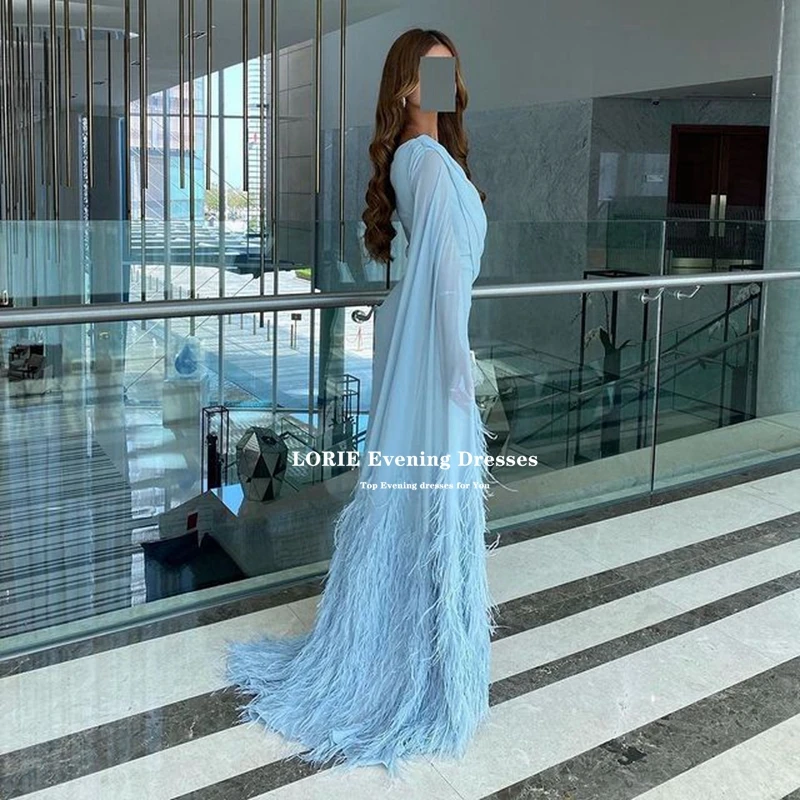 LORIE Sky Blue Chiffon Long Prom Dresses Cap Sleeves With Long Feather Brush Mermaid Evening Gowns Sexy Formal Party Dress