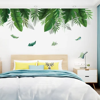 

Home Tropical Jungle Green Leaves Wall Sticker Decoration Living Room Restaurant Seaside Plant Swallow Art Wall Mural Decal