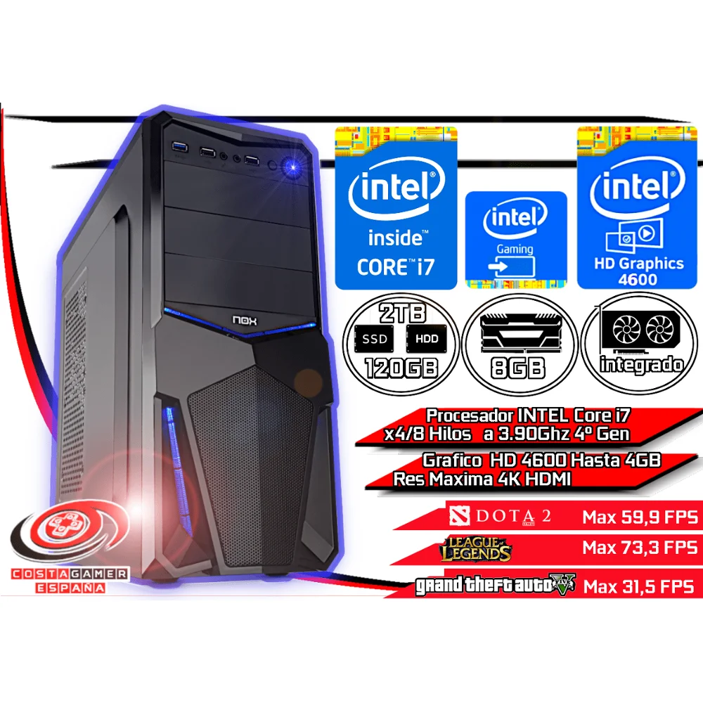 Ordenador Gamer Trabajo Intel Core i7 4ºGen a 3.90Ghz Max x 8 Hilos 8GB Ram 120GB SSD + 2TB HDD Grafico HD 4600 Wifi + WIN 10