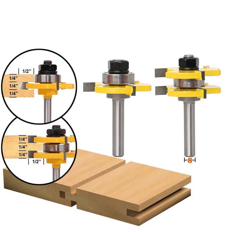 

8mm Shank Tongue and Groove Set, Router Bit Set 3 Teeth T Shape Wood Door Flooring Wood Milling Cutter-2 Packs