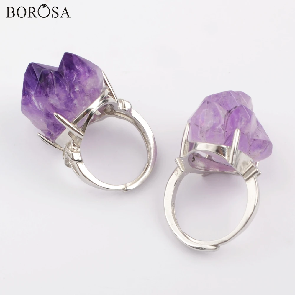 BOROSA драгоценные камни кольца, 10 шт. серебряное покрытие натуральные аметисты граненый открытый кольцо кристалл натурального кварца кольца ювелирные изделия для леди ZG0433