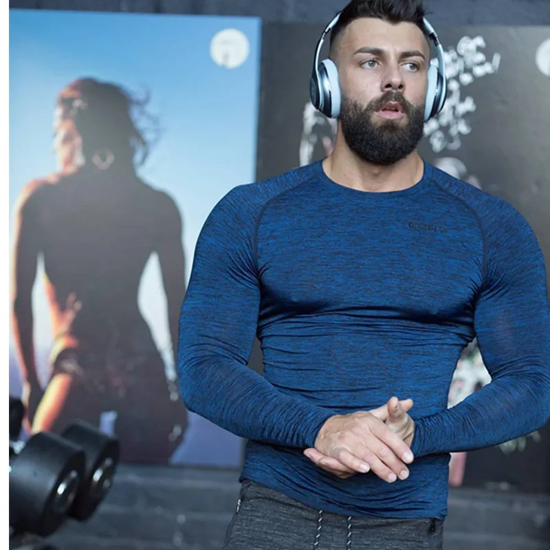Футболка с длинным рукавом для мужчин компрессионная Moda Masculina Тренажерный Зал Фитнес Бодибилдинг Беговая тренировка Ropa Hombre Повседневная облегающая - Цвет: blue