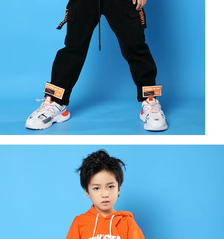 Крутая оранжевая толстовка с капюшоном для детей Топы, черные повседневные штаны для бега в стиле хип-хоп, одежда для девочек и мальчиков, танцевальный костюм в стиле джаз, одежда