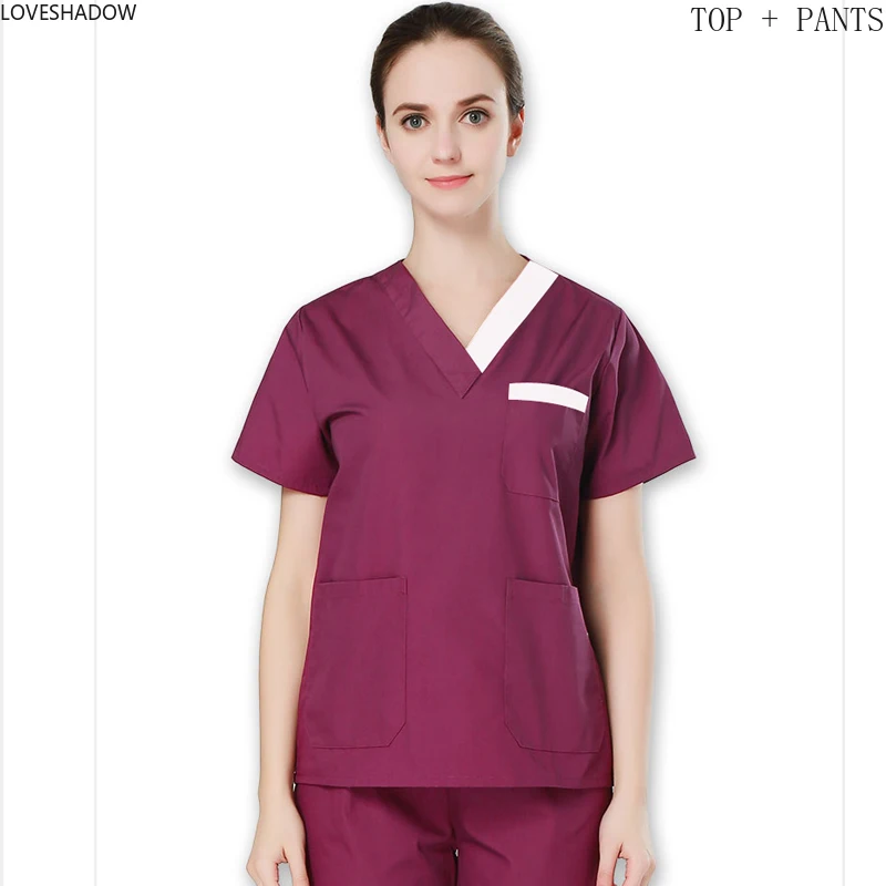 

Plug Size Women Medical Clothes Pure Cotton Nurse Scrub Short Sleeve Medical Service V-neck Shirt and Drawstring Pants Hospital