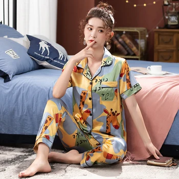 

Women's Silk Pajamas Long Sleeves Nightgown Striped Sleepwear For Ladies In Autumn Satin Pyjamas Nightwear Female