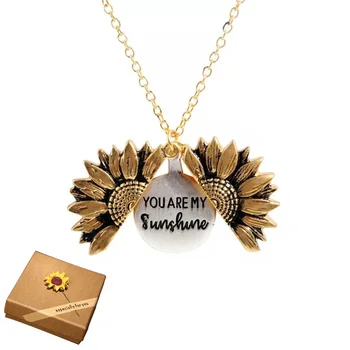 

2019 New Gold Necklaces Women Fashion Jewelry Letter Engraved Open Locket Sunflower Pendant Necklaces Women Girl Birthday Gift