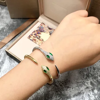 

AAA+ Fashion Nail Style Green Eye Micro Pave Zircon Snake Cuff Bracelet For Female Popular Jewelry