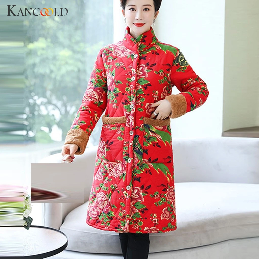 KANCOOLD Ethnic Cotton Women's Long Coat Retro Embroidery Plus Velvet Thick Stand Collar Winter Jacket Chinese Style Parka | Женская