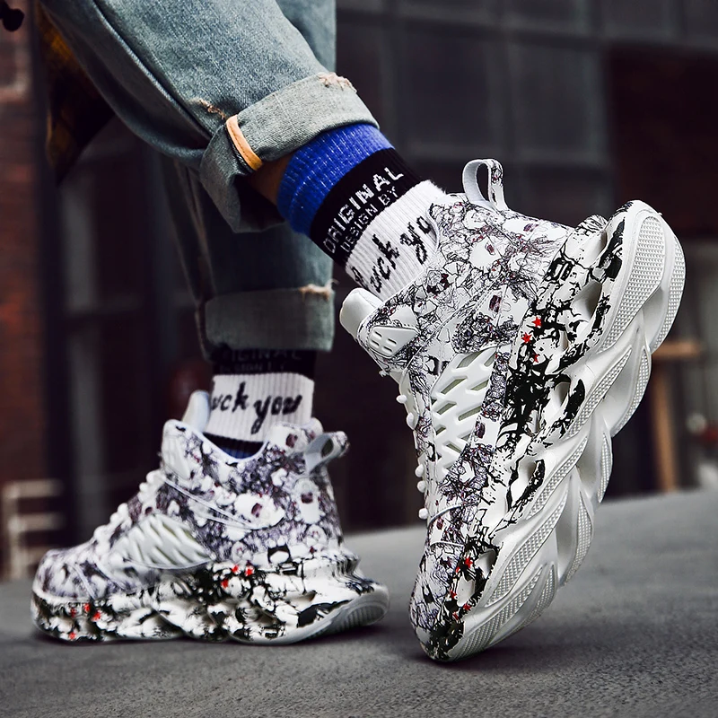 Fashion Men Hip Hop Street Dance Shoes Graffiti High Top Chunky Sneakers Autumn Summer Casual Mesh Shoes Boys Zapatos Hombre - Цвет: Белый