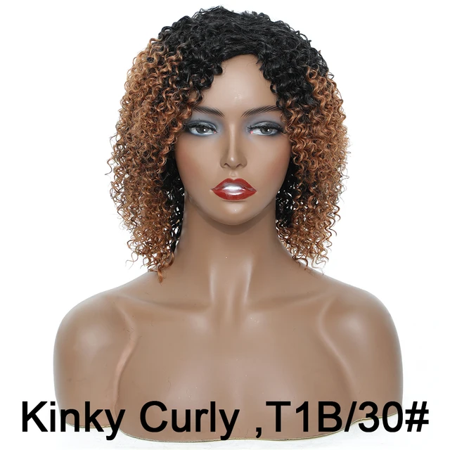 12” Short Hair Afro Kinky Curly Synthetic Wigs With Bangs For Black Women Ombre Blonde Red Glueles Cosplay Wig Perruque Courte Kinky Curly T1B 30