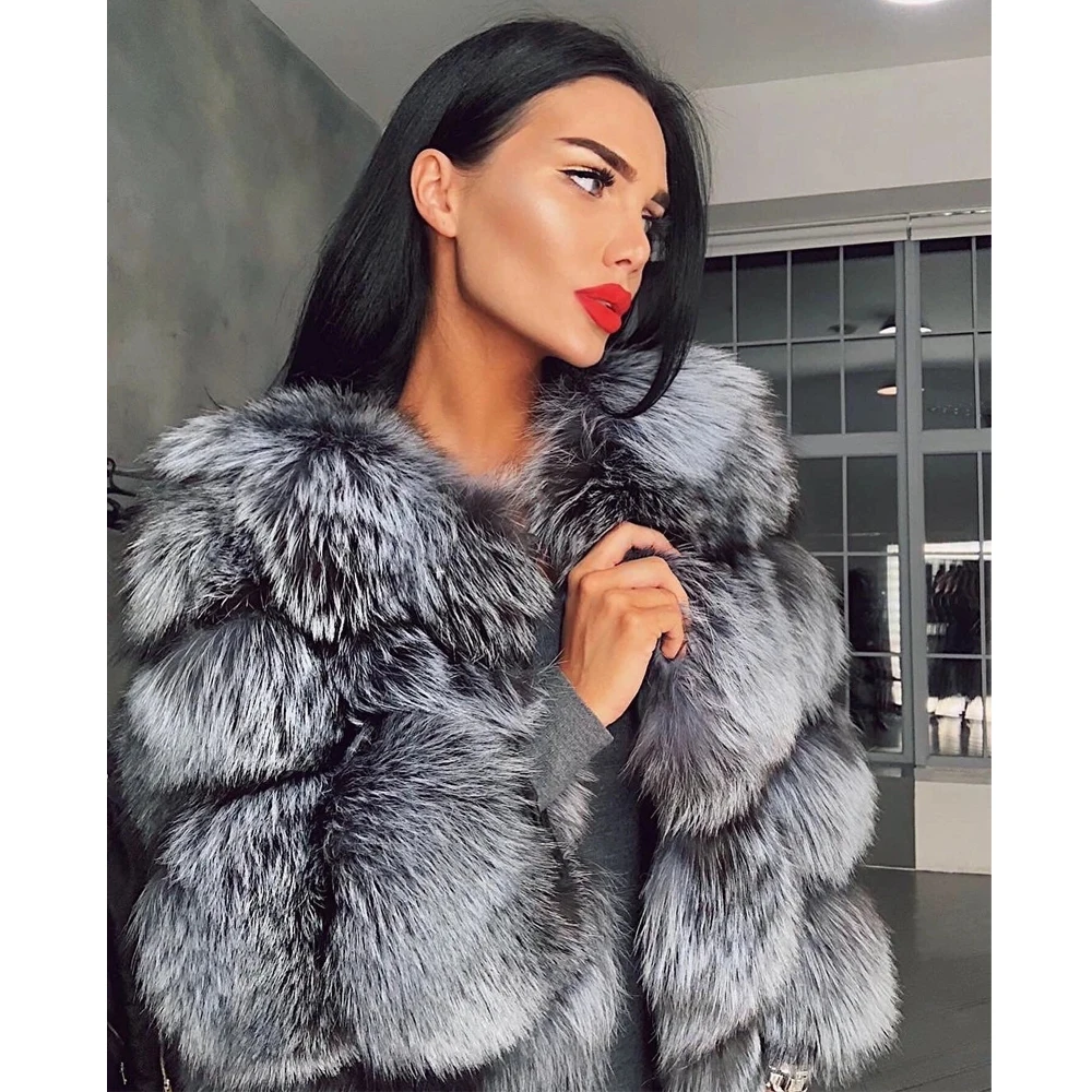 2022 Fashion Short Real Silver Fox Fur Jacket Round Collar Woman Winter New Genuine Whole Skin Silver Fox Fur Coat Luxury Woman