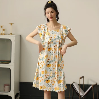

Nightdress women's summer fresh elegant cotton dress Korean printed loose home skirt can be worn outside koszula nocna sleepwear