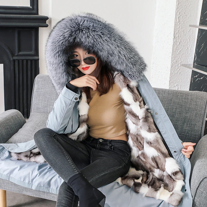 FURSARCAR Fashion Real silver Fox Fur Parka Women Winter 80 CM Long Coat With Fox Fur Collar And Cuff Casual Warm Fur Parka