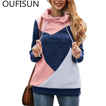 

Oufisun 2020 Autumn Winter New Patchwork Hooded Slim Sweatshirts Womens Casual Lace Up Hoodies Fashion Full Sleeve Sweatshirts