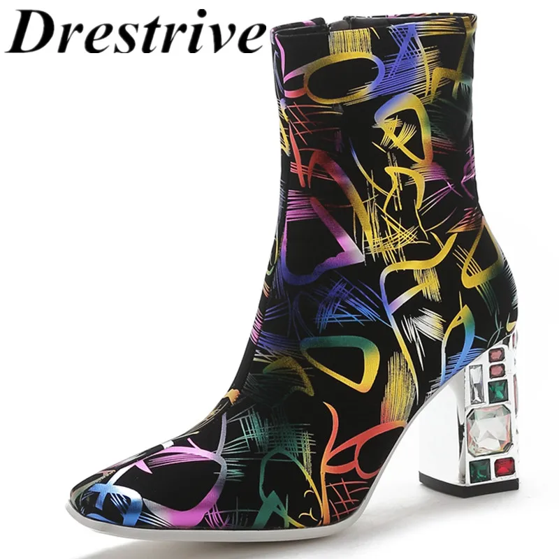 

Drestrive Women's Ankle Boots Print Zipper Crystal Square Toe Flock Thick Heels 8.5 cm Mixed Colors 2020 Winter High Heel Shoes