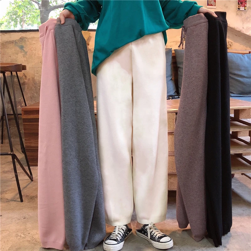 

Autumn Winter Women's Retro Soft Loose High Waist Knitted Straight Wide Leg Casual Pants