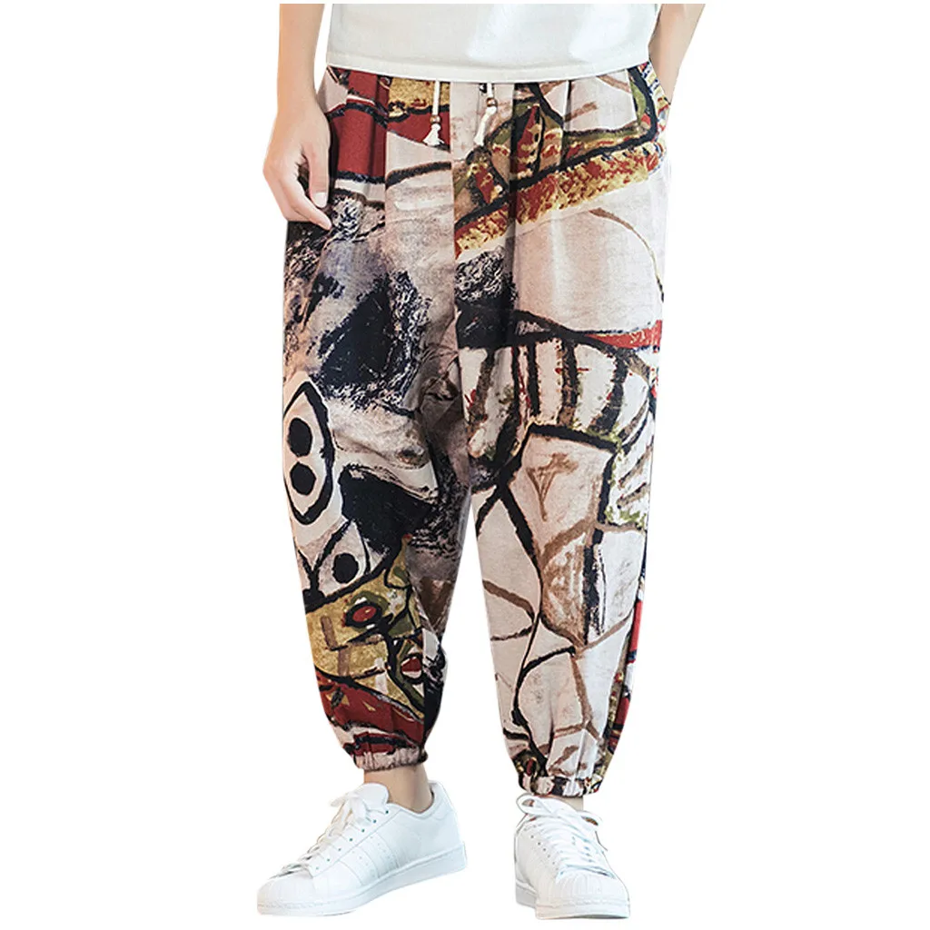 Men's Casual Vintage Style Loose Cotton Linen Printing Patchwork Lantern Pant mens pants fashions men pants for men casual pants