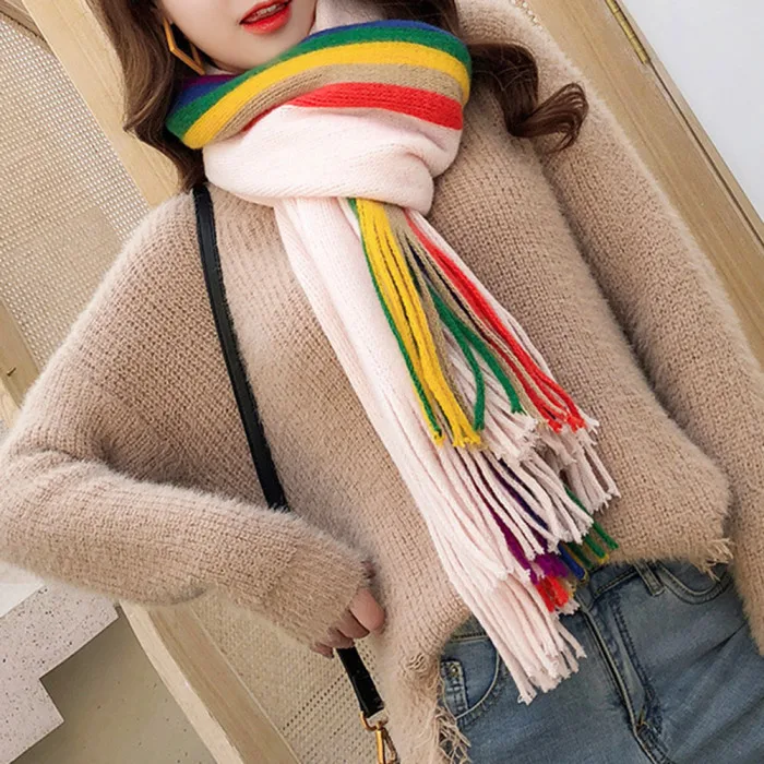 Теплые радужные женские шарфы для девушек, шаль, длинный вязаный шарф с кисточками, подарок, многофункциональный шарф, ALS88