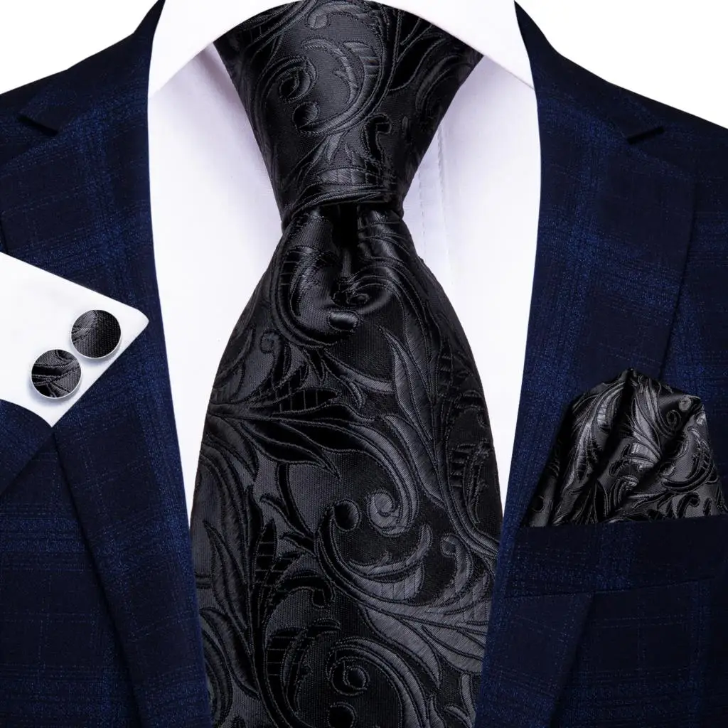 Black Floral Silk Wedding Tie Set - Elegant Necktie with Handkerchief  Cufflinks for Men