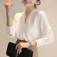 Женские рубашки с длинным рукавом, однотонная белая шифоновая офисная блузка, женская одежда, Женские топы и блузки blusas mujer de moda A403