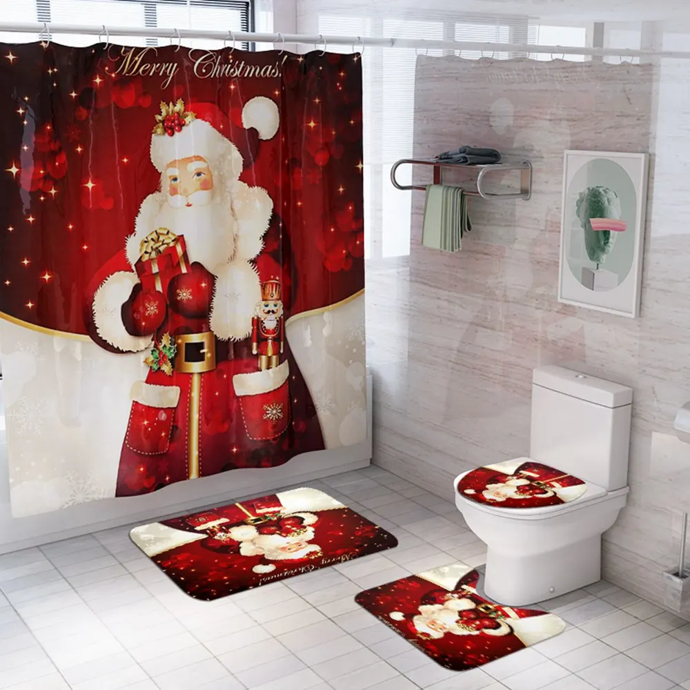 24696 Merry Christmas, набор для ванной, снеговик, Санта Клаус, узор, водонепроницаемый, занавеска для душа, крышка для унитаза, коврик, нескользящий, ковер, домашний декор - Цвет: 24696
