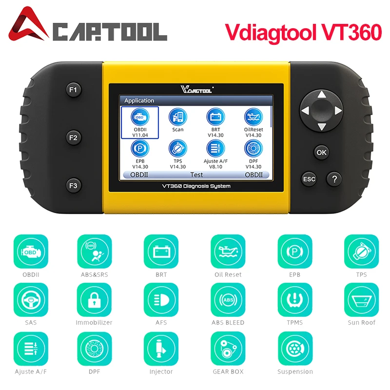 OBDII Vdiagtool VT360 obd2 ABS подушка безопасности SAS BRT EPB DPF TPA TPMS Immo инжектор сброса масла OBD2